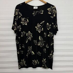 Jostar Women Black Floral Short Sleeve Top Stretch Crew Neck Made in USA L